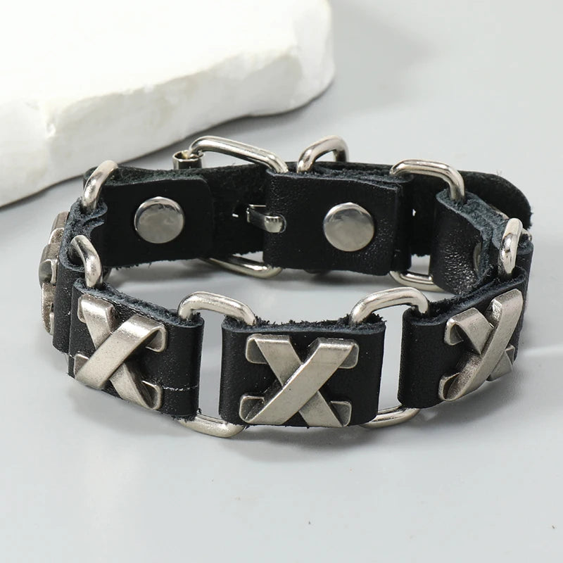 Punk rock X accessories genuine leather bracelet for men women