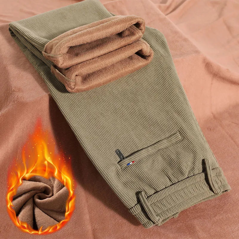 Winter Fleece Straight Men's Casual Pants Corduroy Thicken Baggy Stretch Trousers Fashion Soft Classic Keep Warm Man Clothes