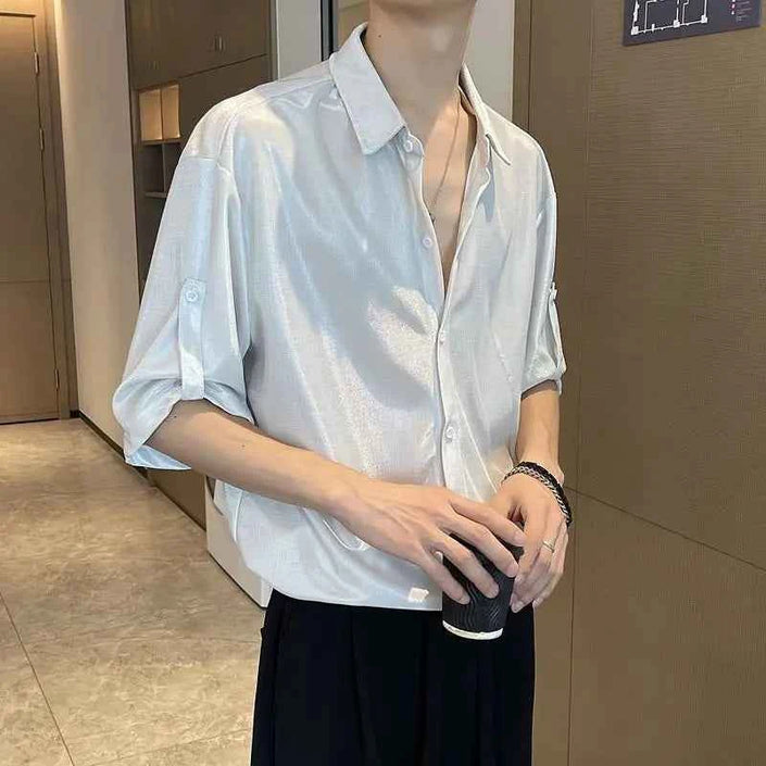Shirts for Men Silk Plain Man Shirt Green Half Sleeve Cool Cotton Summer Xxl Slim Fit Hipster Original Asia I Fashion 2024 Sale