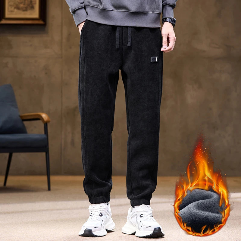 Men's Winter Fleece Warm Straight Casual Pants Classic Solid Thicke Velvet Stretch Trousers Man Bound Feet Jogging Sweatpants