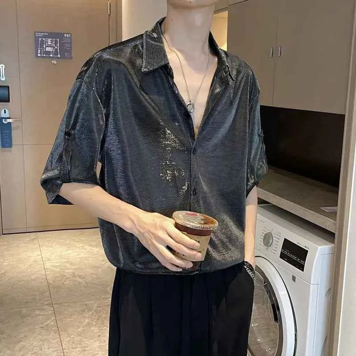 Shirts for Men Silk Plain Man Shirt Green Half Sleeve Cool Cotton Summer Xxl Slim Fit Hipster Original Asia I Fashion 2024 Sale