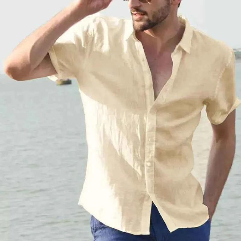 Men's Casual Short Sleeve Shirts Leisure Street Wear Lapel Button-down Solid Color Shirts for Men Vintage Vacation Blouse M-3XL