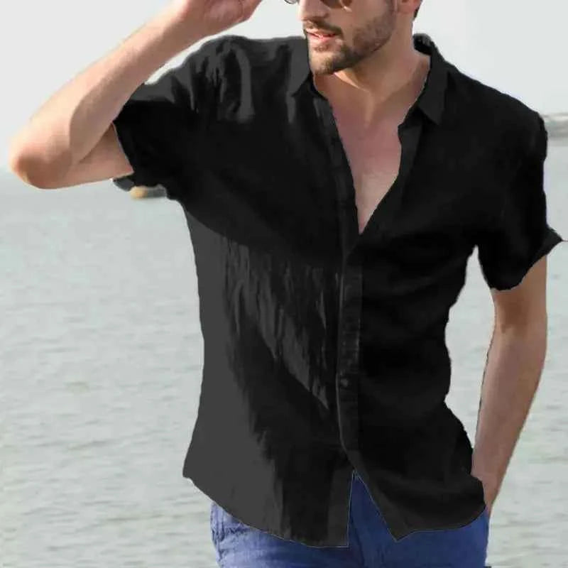 Men's Casual Short Sleeve Shirts Leisure Street Wear Lapel Button-down Solid Color Shirts for Men Vintage Vacation Blouse M-3XL