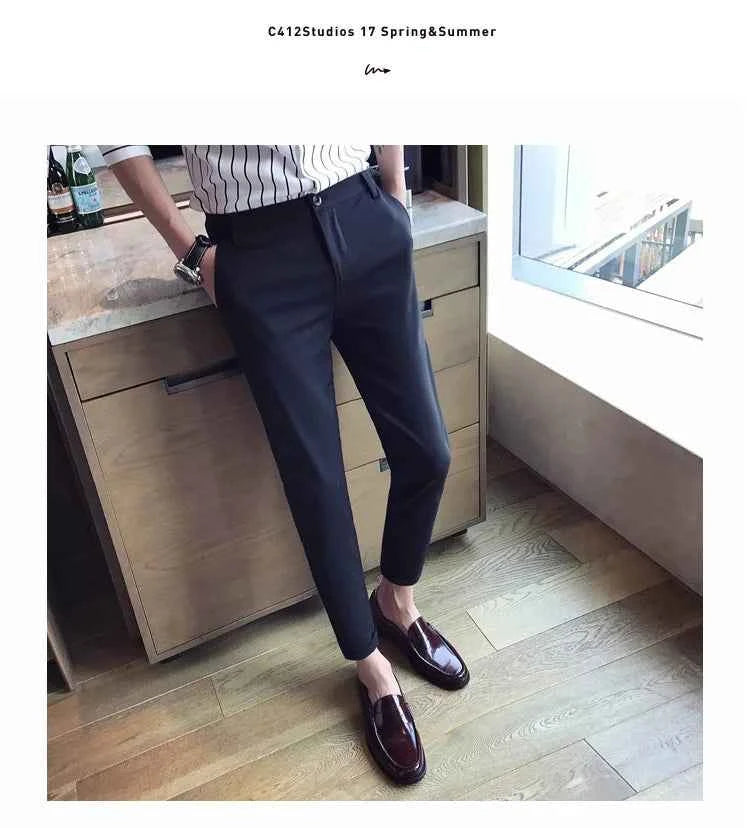 New Casual White Mens Pants Nine-point Trousers Feet Slim Breathable Comfortable High Quality Male Brand Business Pants
