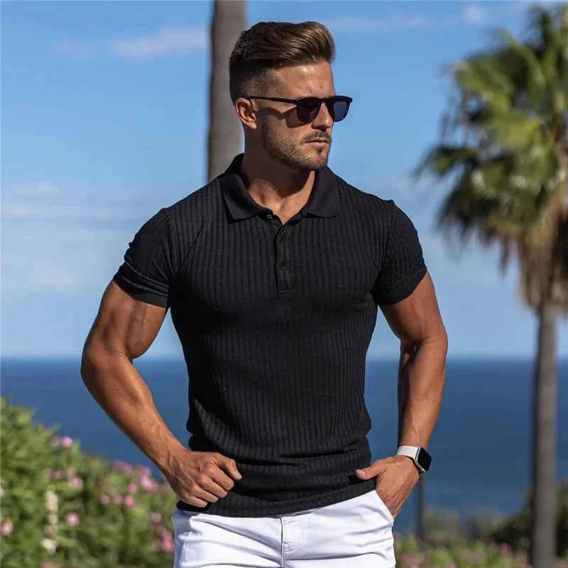 Gym Polo Shirt Men Fashion Turn Neck Short Sleeve Knitted Polos Sports Slim Fit Fitness Bodybuilding Workout Summer Clothing