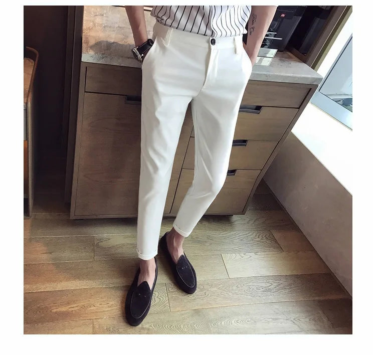 New Casual White Men's Pants Nine-point Trousers Feet Slim Breathable