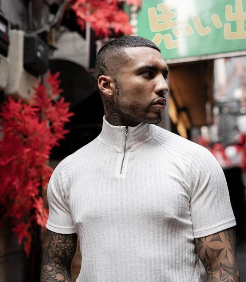 Gym Polo Shirt Men Fashion Turn Neck Short Sleeve Knitted Polos Sports