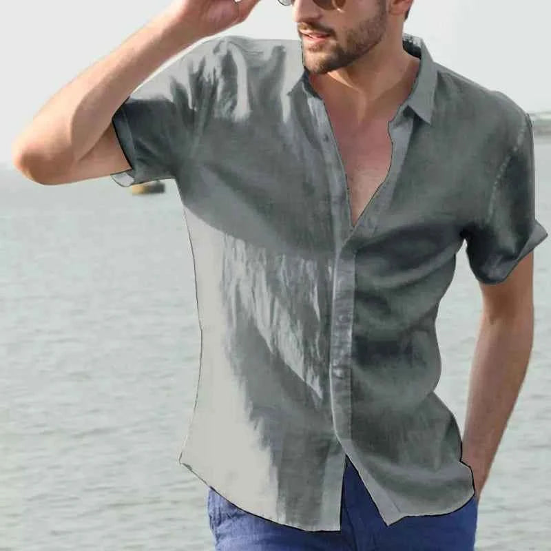Men's Casual Short Sleeve Shirts Leisure Street Wear Lapel Button-down Solid Color Shirts for Men Vintage Vacation Blouse M-3XL