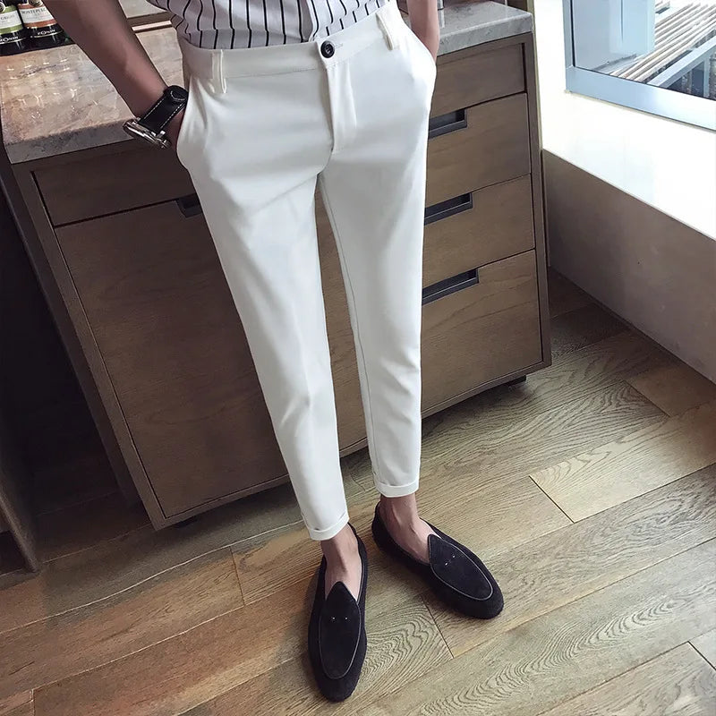 New Casual White Men's Pants Nine-point Trousers Feet Slim Breathable