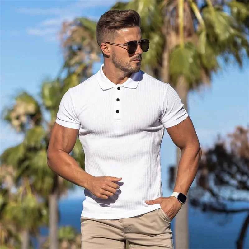 Gym Polo Shirt Men Fashion Turn Neck Short Sleeve Knitted Polos Sports Slim Fit Fitness Bodybuilding Workout Summer Clothing