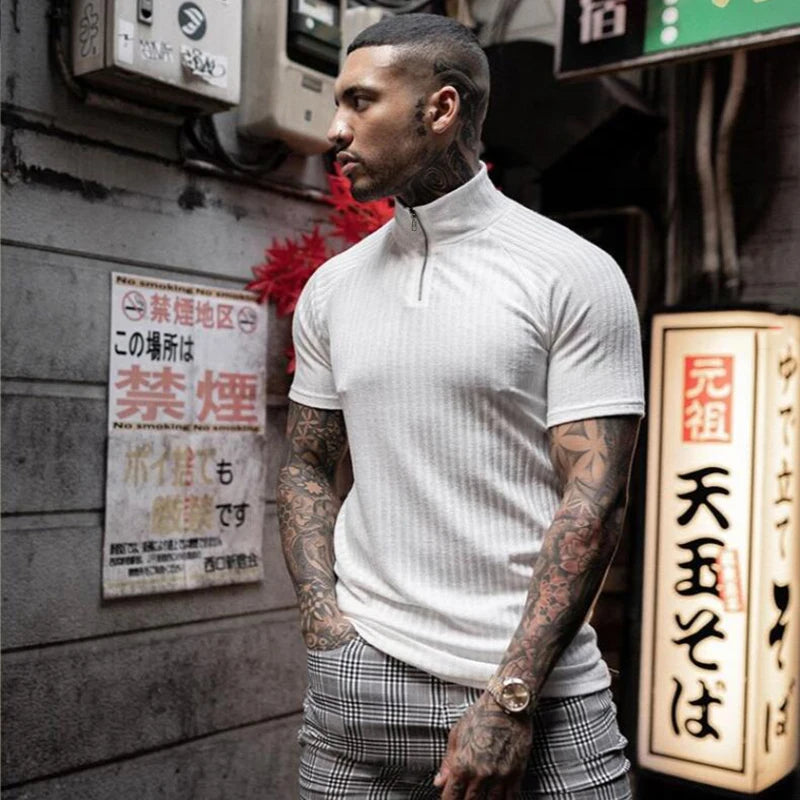 Gym Polo Shirt Men Fashion Turn Neck Short Sleeve Knitted Polos Sports