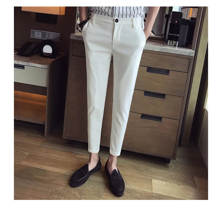New Casual White Men's Pants Nine-point Trousers Feet Slim Breathable