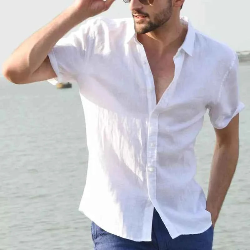 Men's Casual Short Sleeve Shirts Leisure Street Wear Lapel Button-down Solid Color Shirts for Men Vintage Vacation Blouse M-3XL