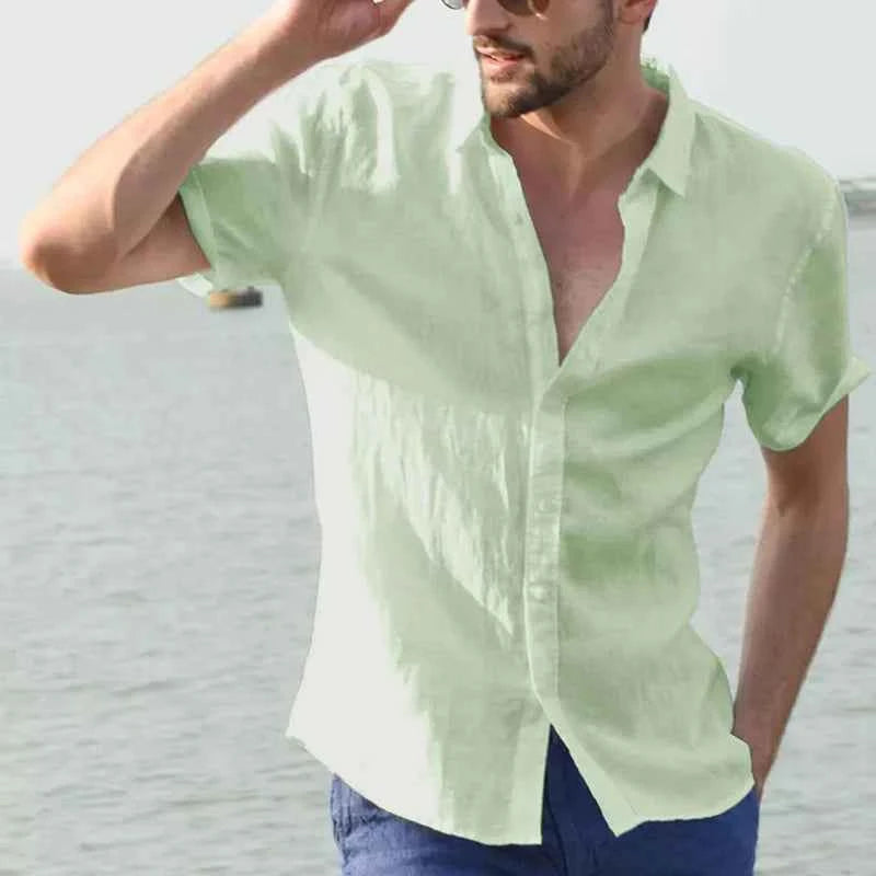 Men's Casual Short Sleeve Shirts Leisure Street Wear Lapel Button-down Solid Color Shirts for Men Vintage Vacation Blouse M-3XL