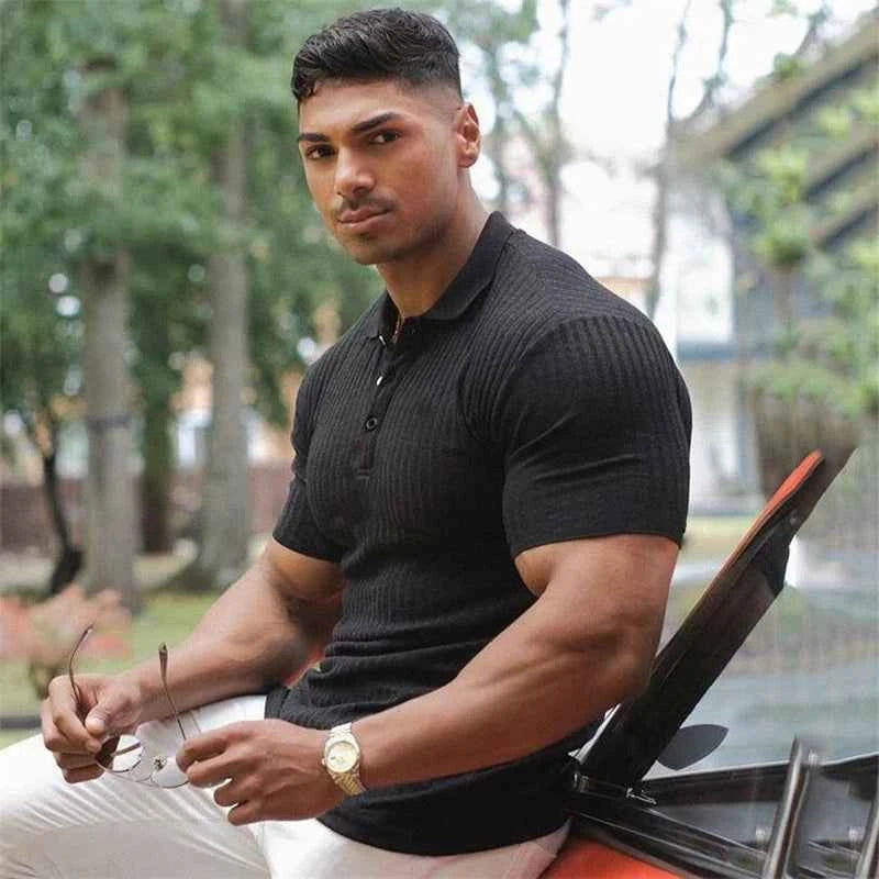 Gym Polo Shirt Men Fashion Turn Neck Short Sleeve Knitted Polos Sports Slim Fit Fitness Bodybuilding Workout Summer Clothing