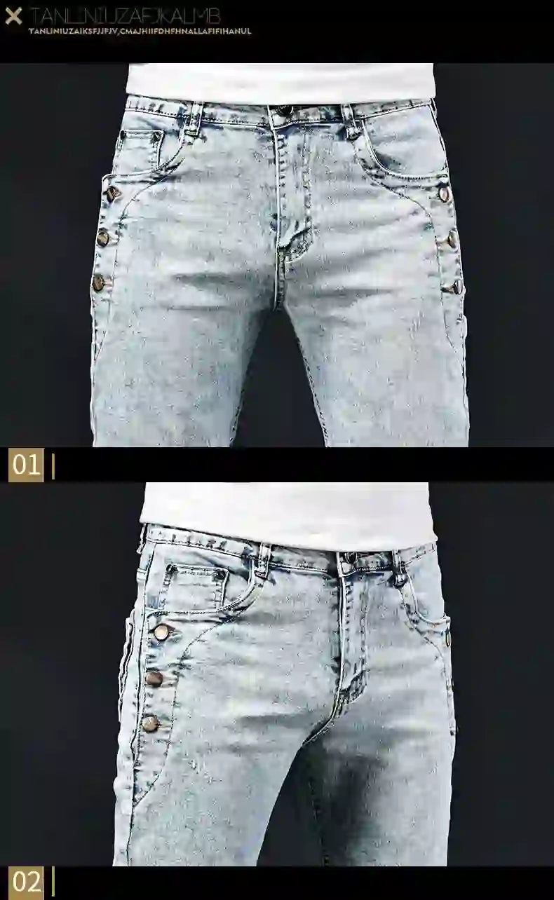 Slim Skinny Jeans Herr Nya Elastiska Koreanska Design Mode Flerknapps B