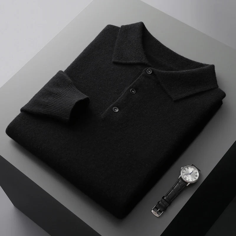 Pure Wool Sweater Men's POLO Neck Three-Button Loose Business Casual Medium Thick Warm Long-Sleeved Cashmere Large Knitted Shirt