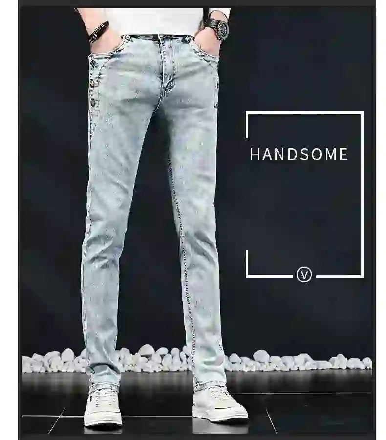Slim Skinny Jeans Men New Elastic Korean Design Fashion Multi-Button Blue White Vintage Wash Cotton Stretch Denim Pants Trousers