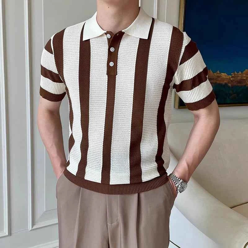 Stylish Mens Slim Short Sleeve Polo Shirts Knitting Striped Contrast Color Polo T Shirt For Men Summer New Casual Buttoned Polos
