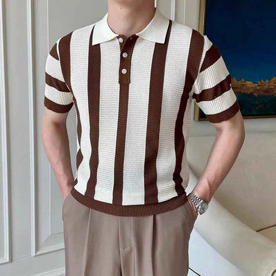Stylish Mens Slim Short Sleeve Polo Shirts Knitting Striped Contrast Color Polo T Shirt For Men Summer New Casual Buttoned Polos