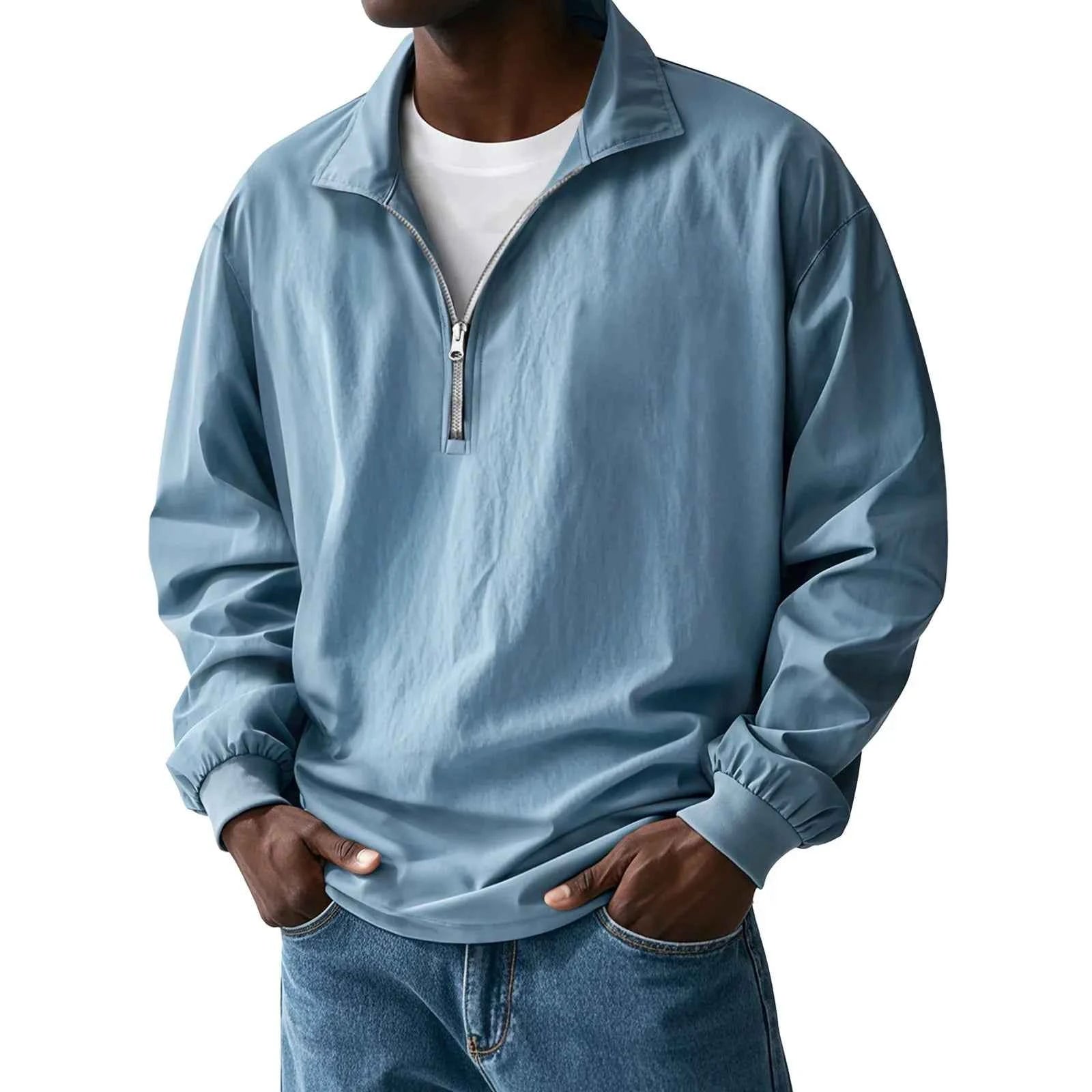 ‌Mens Loose Fit Casual Hoodie Long Sleeve Lapel Zip Up Light Blue Cotton Breathable Streetwear Stylish Top
