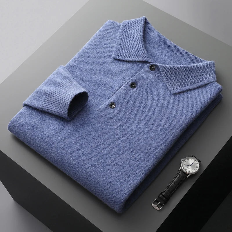 Pure Wool Sweater Men's POLO Neck Three-Button Loose Business Casual Medium Thick Warm Long-Sleeved Cashmere Large Knitted Shirt