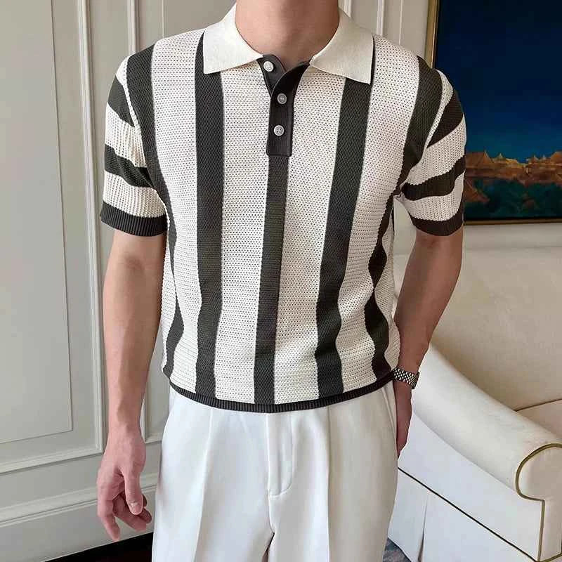 Stylish Mens Slim Short Sleeve Polo Shirts Knitting Striped Contrast Color Polo T Shirt For Men Summer New Casual Buttoned Polos