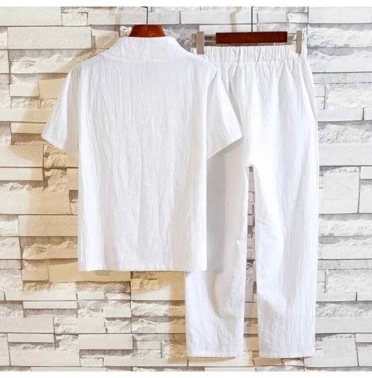 men's casual shirts (Shirt + trousers) 2025 summer men shirt Man Cotton and linen shirts Short sleeve men A set of clothes M-5XL