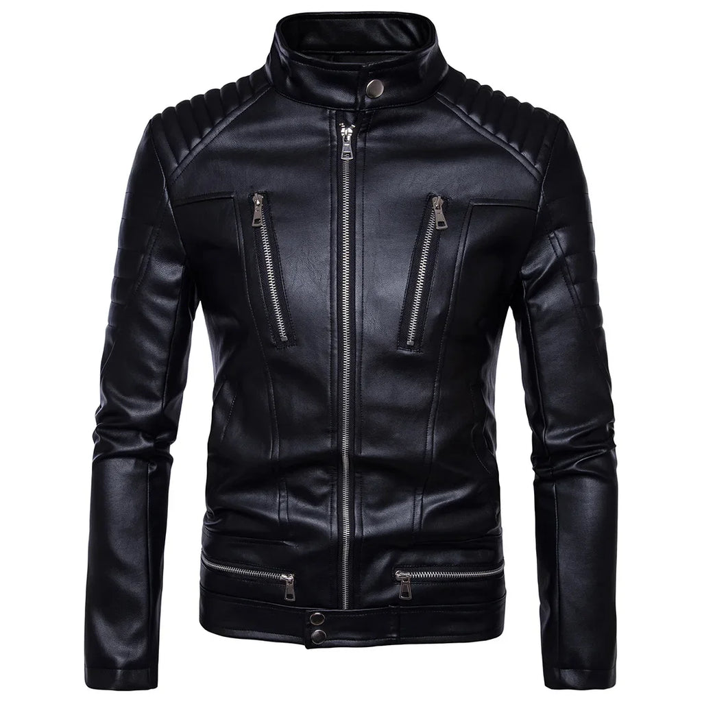 Men's Bomber Jackets Fashion Men Faux Leather Coat Zipper Overcoat Mot