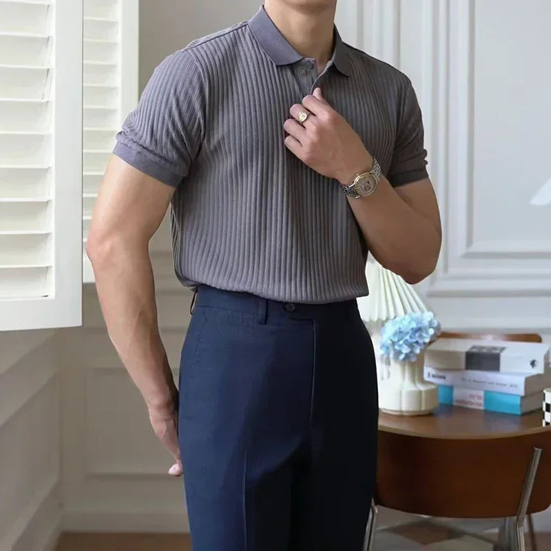 Summer Men's Clothing Retro Knit Lapel Striped Polo Shirt Solid Color