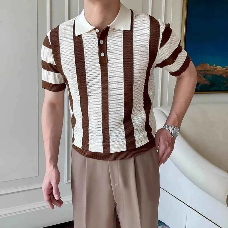 Stylish Mens Slim Short Sleeve Polo Shirts Knitting Striped Contrast Color Polo T Shirt For Men Summer New Casual Buttoned Polos