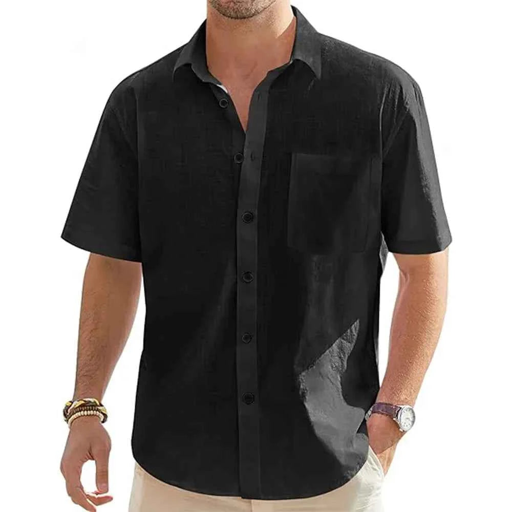 New Men's Shirts Cotton Linen Short-sleeved Single-breasted Shirts Men's Holiday Beach Shirts Streetwear Solid Colour Tops