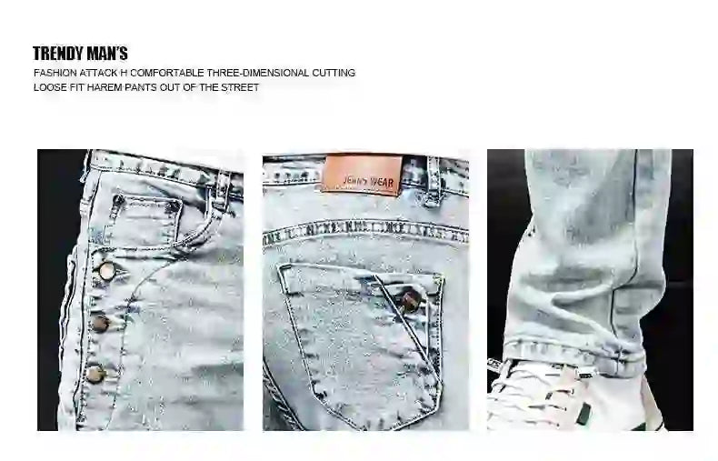 Slim Skinny Jeans Men New Elastic Korean Design Fashion Multi-Button Blue White Vintage Wash Cotton Stretch Denim Pants Trousers