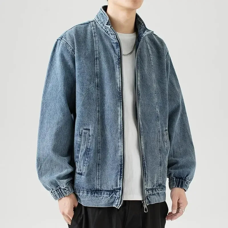 Men's Denim Jacket Biker Aesthetic Zip V Male Jean Coats Motorcycle Designer Winter 2024 Original Menswear New in Joker Fashion