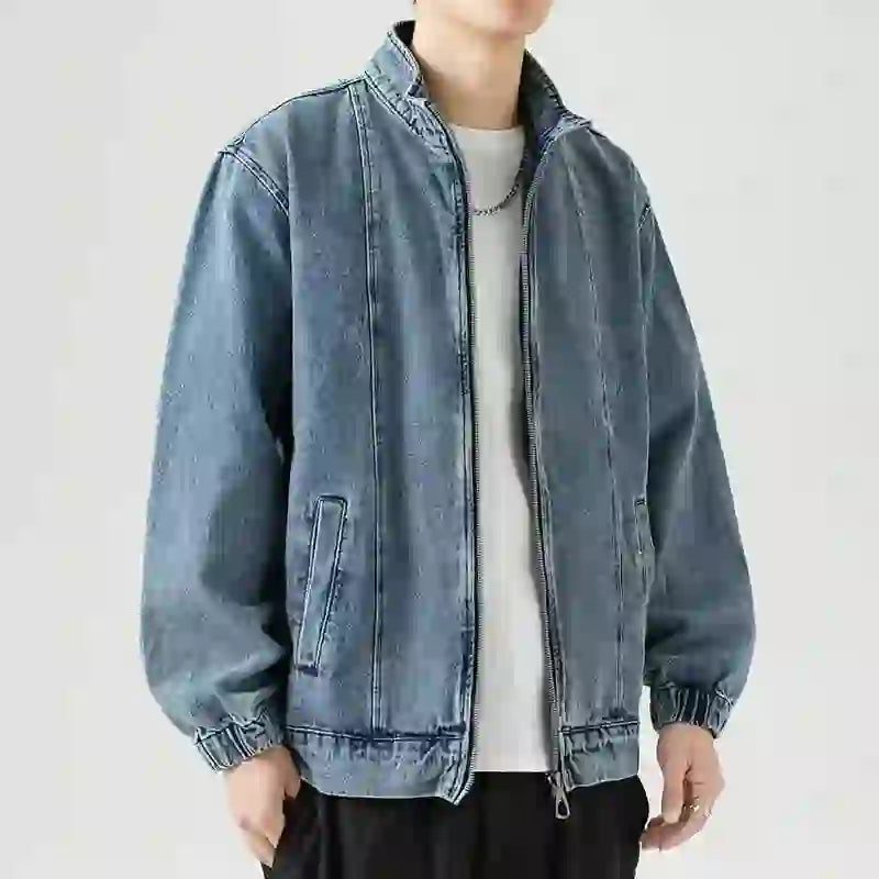 Men's Denim Jacket Biker Aesthetic Zip V Male Jean Coats Motorcycle De