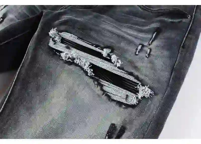 Designer fashion new denim jeans with stretch, slim fit, perforated, red patch washed, nostalgic black gray jeans, high street h