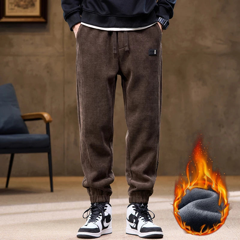Men's Winter Fleece Warm Straight Casual Pants Classic Solid Thicke Velvet Stretch Trousers Man Bound Feet Jogging Sweatpants