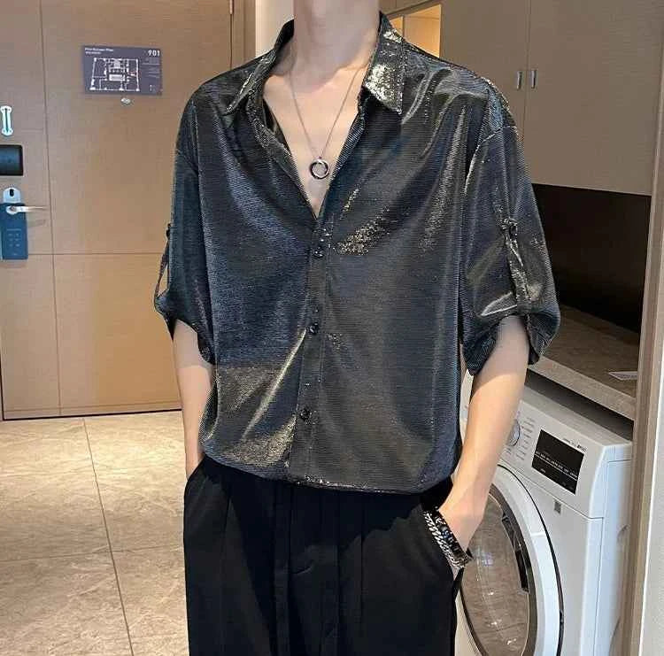 Shirts for Men Silk Plain Man Shirt Green Half Sleeve Cool Cotton Summer Xxl Slim Fit Hipster Original Asia I Fashion 2024 Sale