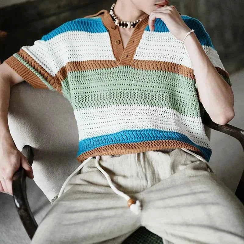 Streetwear Mens Knit Polo Shirts 2024 Summer New Fashion Patchwork Hollow Out Knitted Tops for Men Short Sleeve Breathable Polos