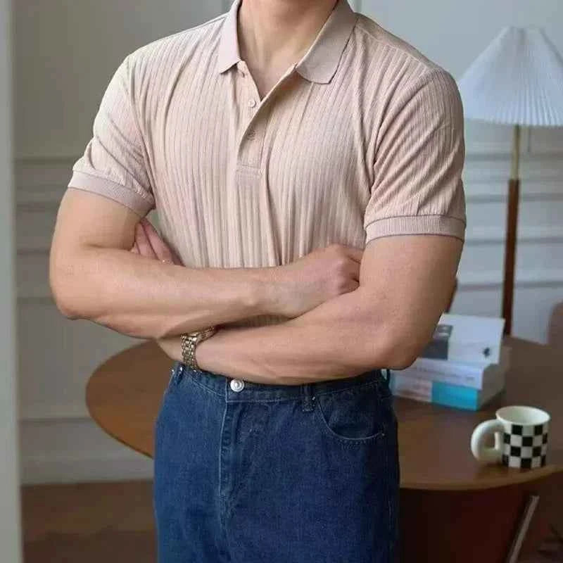 Summer Men's Clothing Retro Knit Lapel Striped Polo Shirt Solid Color Short Sleeve Fashion Light Luxury Popular Knitwear M-5XL