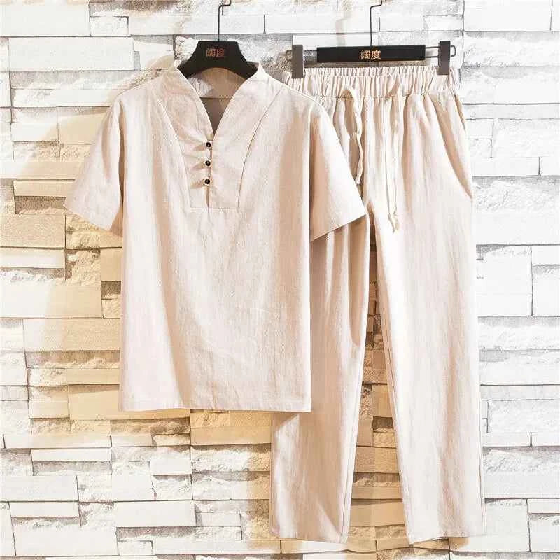 men's casual shirts (Shirt + trousers) 2025 summer men shirt Man Cotton and linen shirts Short sleeve men A set of clothes M-5XL