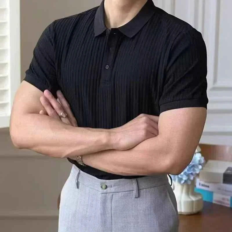 Summer Men's Clothing Retro Knit Lapel Striped Polo Shirt Solid Color Short Sleeve Fashion Light Luxury Popular Knitwear M-5XL