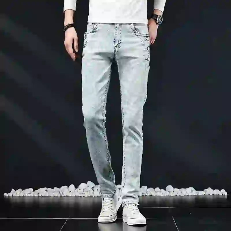 Slim Skinny Jeans Men New Elastic Korean Design Fashion Multi-Button Blue White Vintage Wash Cotton Stretch Denim Pants Trousers