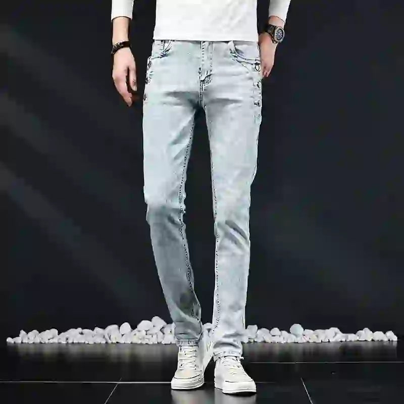 Slim Skinny Jeans Herr Nya Elastiska Koreanska Design Mode Flerknapps B