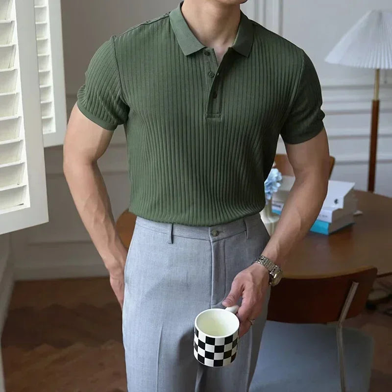 Summer Men's Clothing Retro Knit Lapel Striped Polo Shirt Solid Color