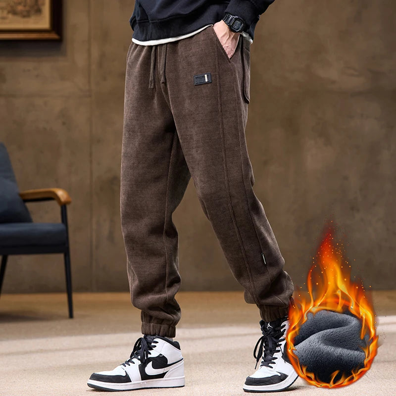 Men's Winter Fleece Warm Straight Casual Pants Classic Solid Thicke Velvet Stretch Trousers Man Bound Feet Jogging Sweatpants