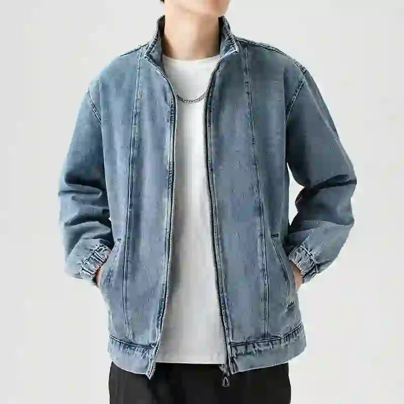 Men's Denim Jacket Biker Aesthetic Zip V Male Jean Coats Motorcycle De