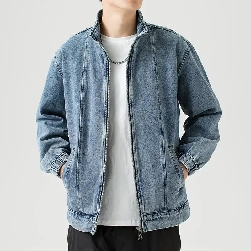 Men's Denim Jacket Biker Aesthetic Zip V Male Jean Coats Motorcycle Designer Winter 2024 Original Menswear New in Joker Fashion