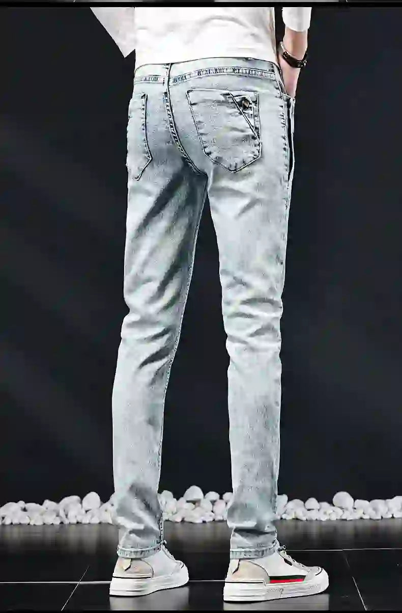 Slim Skinny Jeans Herr Nya Elastiska Koreanska Design Mode Flerknapps B