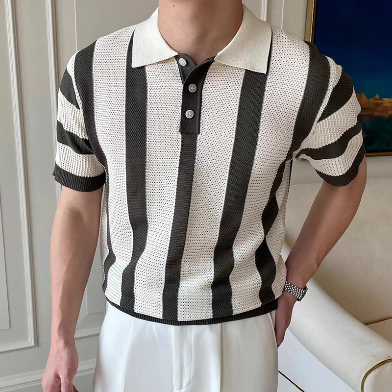 Stylish Men's Slim Short Sleeve Polo Shirts Knitting Striped Contrast